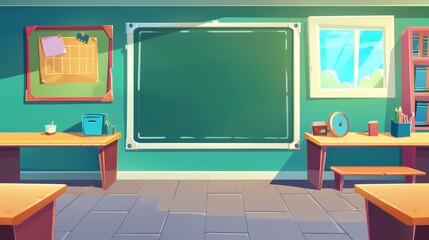 Cartoon background with physics classroom and chalkboard. College science room with poster and teacher table. Educational equipment for a game learning app.