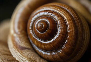 A snail's shell's spiral ridges reflect shades of brown, generative AI