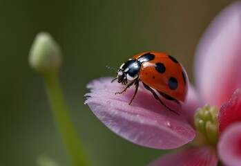 A ladybug perches on a flower petal, its red shell contrasting with the flower's color, generative AI