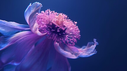 Anemone, deep blue background, cover of magazine, spotlight effect, angled from above