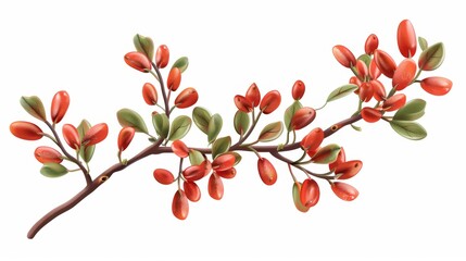 A realistic 3D model of a barberry and goji plant, isolated and in modern format. A fresh berberis branch element for an organic culinary jam decoration, made from wild twigs. A botanical vegetarian