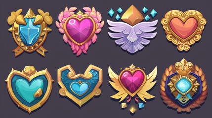 A set of game rank badges with hearts isolated on a dark background. Modern cartoon illustration of golden pentagonal progress medals with chevrons and metal wings. Life, power, energy symbols. GUI