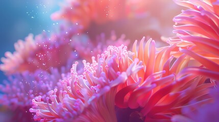 Anemone on vibrant coral background, magazine aesthetic, bright light, high angle shot