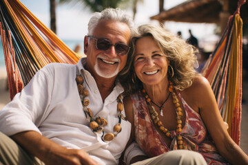 A man and a woman smile and sit together in a hammock. The man is wearing a white shirt and the woman is wearing a red and orange dress. They to be enjoying their vacation time together on the Beach.