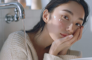 a beautiful woman washing her face in the bathroom, with a water spout on the white wall and sink, wearing a cream sweater. - obrazy, fototapety, plakaty