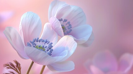 Anemone with a soft rose background, classic magazine style, gentle glow, frontal perspective