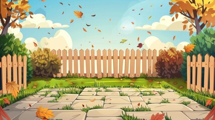 This modern illustration shows a landscape with fall foliage, a wooden fence, and a wooden walkway. The backyard is empty in the fall with paving stones, bush, and falling leaves. The countryside