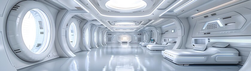 Sleek and Futuristic Minimalist White Sci-Fi Interior Corridor with Geometric Lighting Design