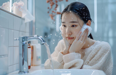 a beautiful woman washing her face in the bathroom, with a water spout on the white wall and sink, wearing a cream sweater. - obrazy, fototapety, plakaty