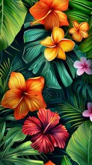 A colorful painting showcasing lush tropical flowers and vibrant green leaves in a lively composition. Background. Wallpaper.