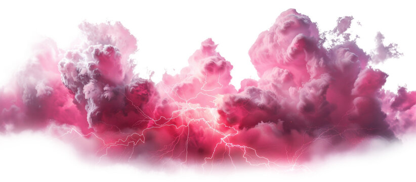 Pink clouds with lightning isolated on transparent background.