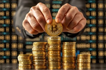 Bitcoin gold coins displayed with blurred chart background for financial analysis