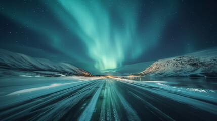 Northern Lights Over Snowy Highway Landscape.