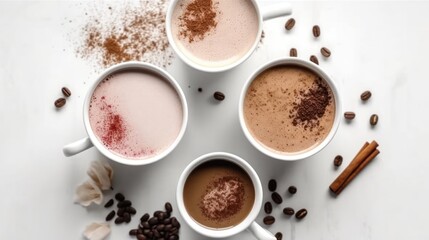 Cups of cocoa, white background, top view.