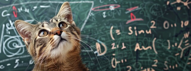 Curious Cat in Front of Math Chalkboard
An inquisitive tabby cat gazes upward, surrounded by complex mathematical equations written on a chalkboard.

