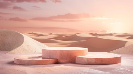 Abstract Desert Landscape at Sunset with Podiums
