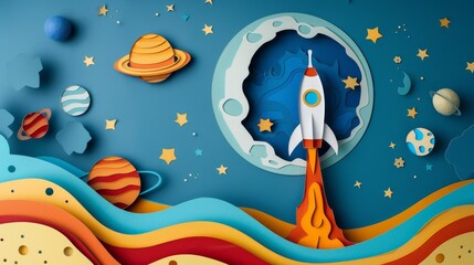Colorful Paper Art Style Space Rocket Launch
A vibrant paper cutout illustration of a space rocket launching with whimsical planets and stars on a blue background.
