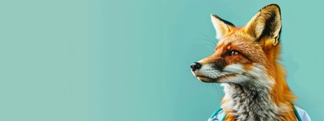 Fox in a Lab Coat Against a Teal Background

