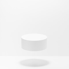 Abstract scene - one round white cylinder podium for cosmetic products mockup, fly in hard light, shadow on white background. For presentation skin care products, gifts, advertising in minimal style.
