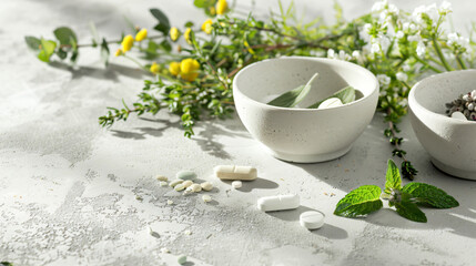Bowls with fresh herbs and pills on light table