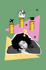 Vertical collage image young dreamy girl think imagine golden coins stack airplane vacation reach...