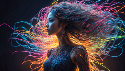 Highly detailed long exposure style silhouette of beautiful woman with vibrant ultra bright neon strings