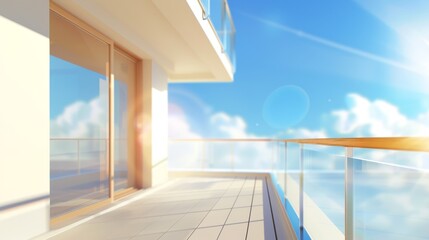 Naklejka premium Window to a living room or office. Empty terrace of a house with a view of blue sky, modern realistic illustration.