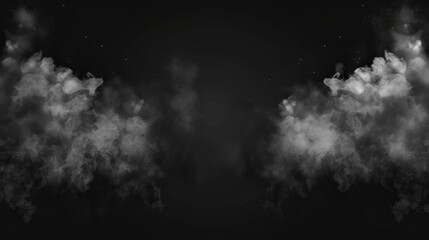 Fog dust air illustration. Realistic dark mist steam abstract design by isolated realistic black smoke clouds on black transparent background. Gray coal particle flow background.