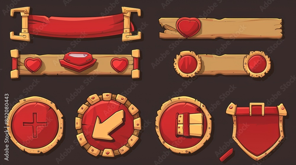 Poster ui modern button animation with red color for game interface cartoons. hover banner with gold frame 