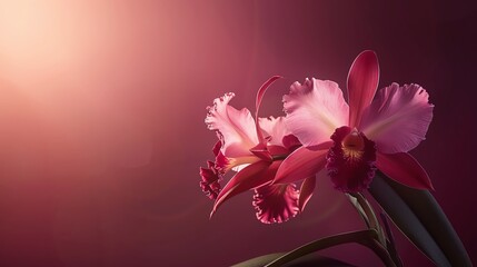 Cattleya, serene burgundy background, magazine cover design, backlit, bird seye view