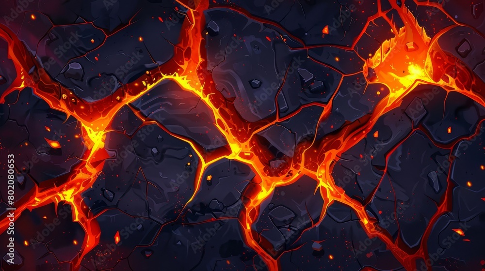 Poster an image of volcano lava crack texture isolated on dark background with magma glow. cracks in earth 
