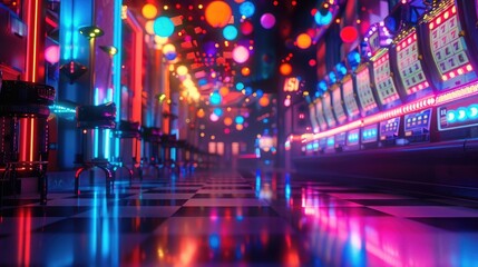 A picturesque view of a bingo hall illuminated by colorful lights, creating a vibrant and energetic atmosphere for players to enjoy on National Bingo Day.