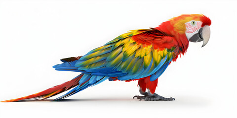 A colorful parrot with blue and red feathers is standing on a white surface, Blue-and-yellow Macaw in front of a white background