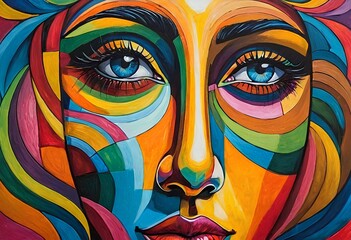 A majestic composition of a colorful abstract woman. The painting displays bold lines, vivid colors and intricate details