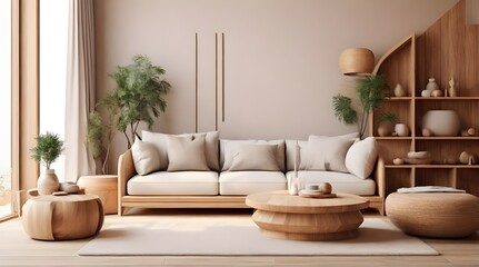 Home interior mock up, cozy modern room with natural wooden furniture, 3d render

