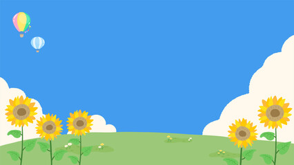 Summer, bright background frame with blue sky and sunflowers and meadow, cute hand drawn illustration / 夏、青空とひまわりと草原の明るい背景フレーム、かわいい手描きイラスト