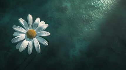 Daisy, deep green background, cover of magazine, spotlight effect, angled from above