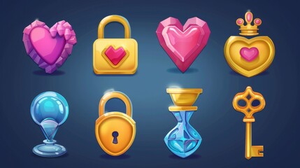 Icon set with a lock, heart, prize, and hourglass for mobile magic RPG app. A collection of settings and bank card symbols for mobile magic RPG apps.