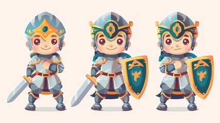 The playful shield and sword of a knight. Modern illustration for children's imagination. This knight is wearing an armor and helmet for a medieval role playing game. Illustration for creative