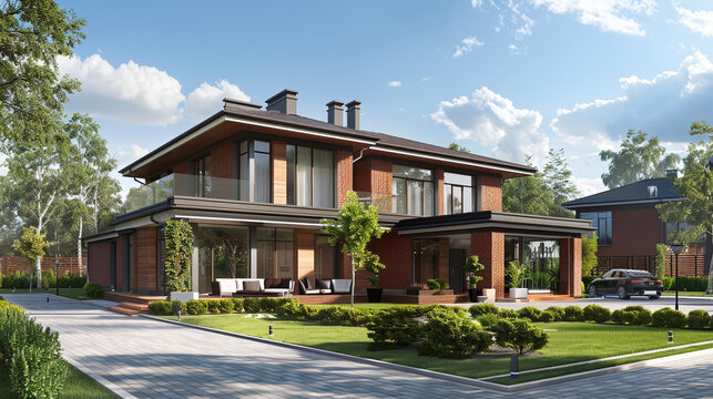 Modern country luxury house in high-tech style. Luxurious country two-storey villa with private plot