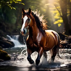 horse in water ,horse is enjoying in the waterfall 