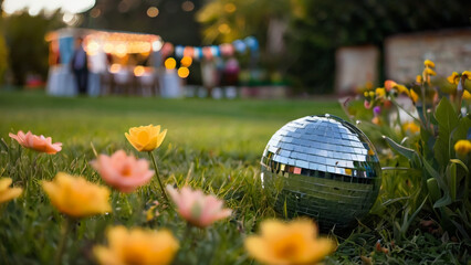 Photo of a mirrorball in a filed of spring flowers

