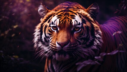 Hyperrealistic Tiger Head Illustration In Vibrant Colors. a vibrant and captivating image showcasing a tiger in a dark setting, its eyes glowing with intensity.