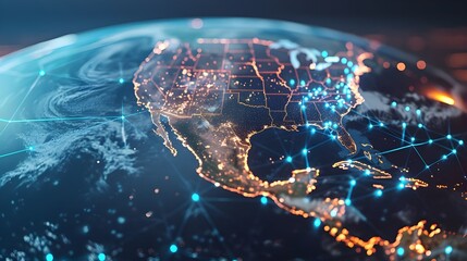 Global communication concept, globalization and networking with map of United States in middle of frame