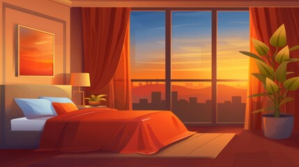 In the bedroom of a luxury hotel apartment, there is a sunset cityscape view framed in a modern background of a modern clean apartment with cozy sleep furniture. There are curtains over the large