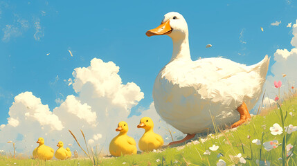 A family of ducks waddling across a green meadow
