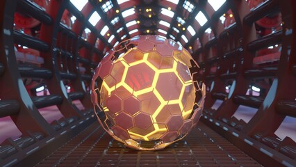 Golden hexagonal sphere in a red futuristic corridor