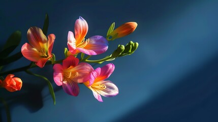 Freesia highlighted, rich blue background, magazine format, natural light, faceon angle