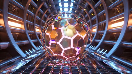 Futuristic 3D sphere with hexagon pattern inside sci-fi tunnel