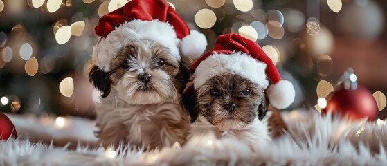 Two shih tzu puppy dogs on christmas background. New year dogs. Two cute little dogs.